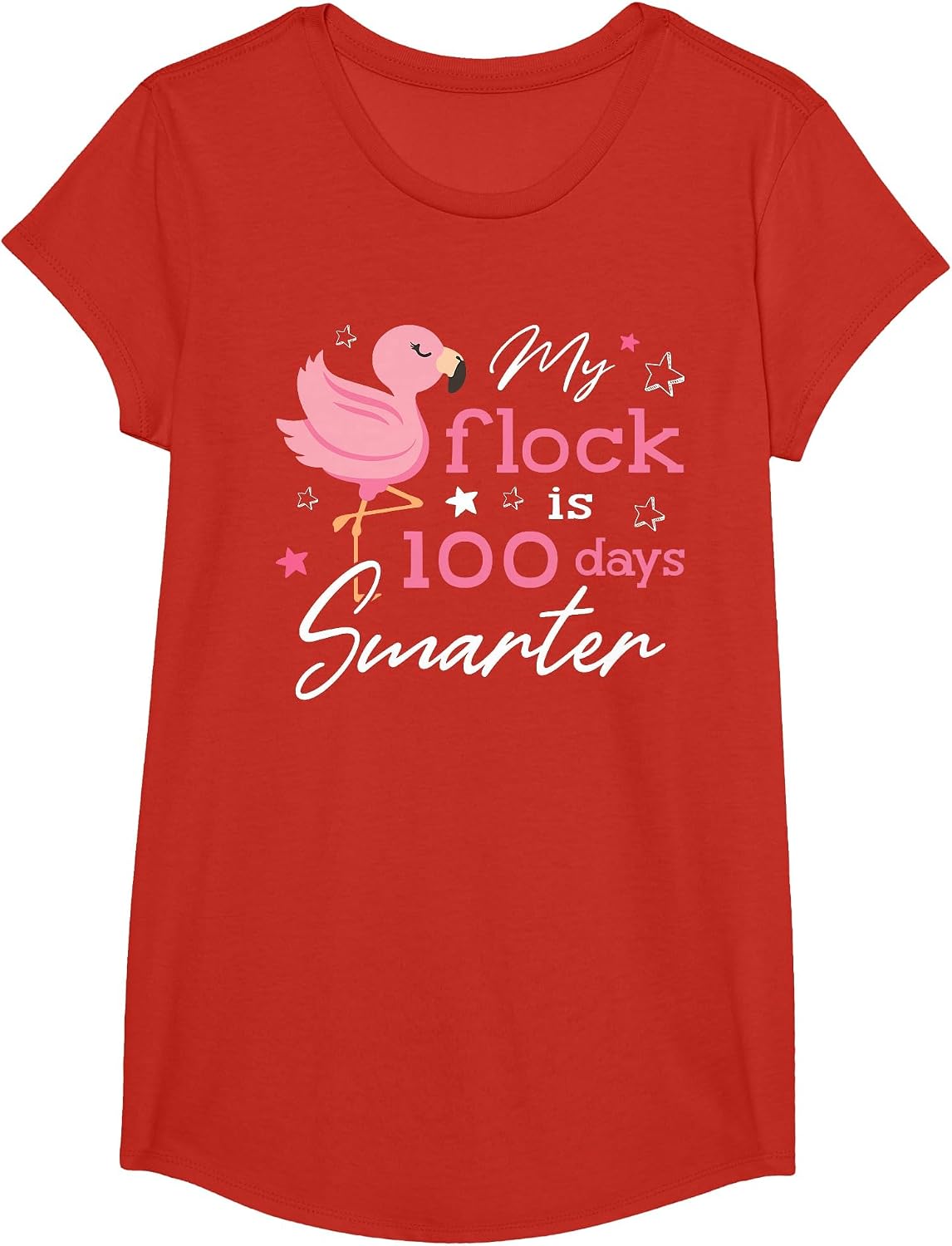 My Flock is 100 Days Smarter Flamingo 100th Day of School T-Shirt - Girls Red