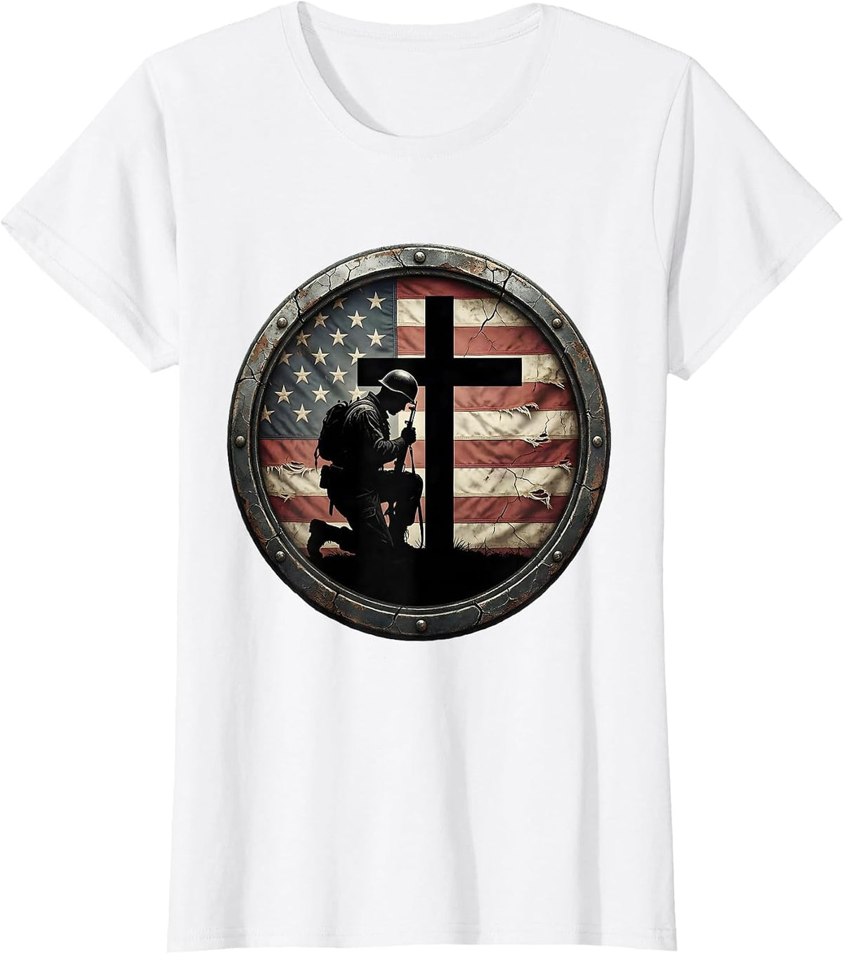 Soldier Bowing at Cross Memorial Patriotic Design T-Shirt - White
