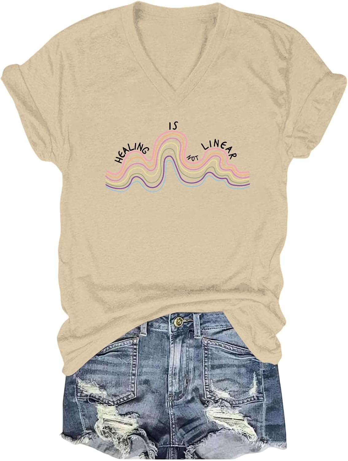 Healing is Not Linear T-Shirt, Mental Health Awareness Tee Inspirational Self Care Rainbow Shirt - V-Neck Khaki-v