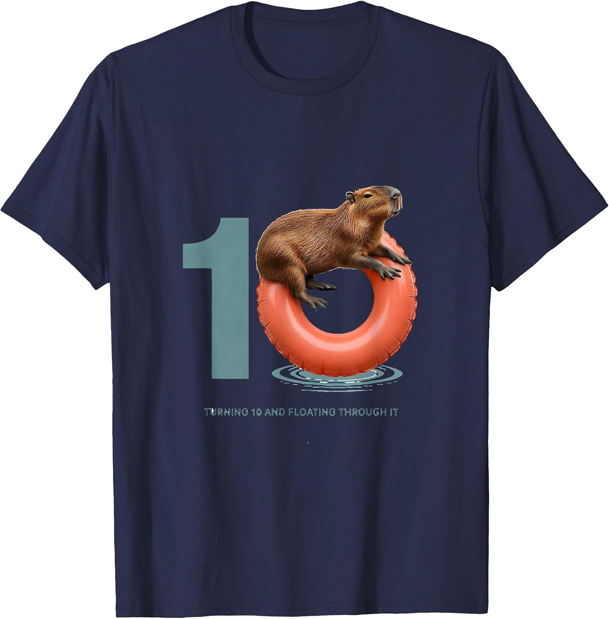 Turning 10 and Floating Through It Funny Capybara Kids T-Shirt - Navy Blue