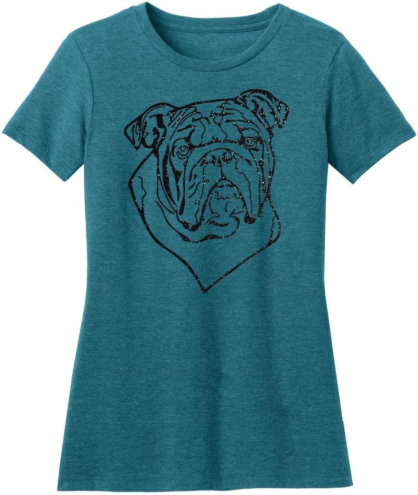 Dogline Womens English Bulldog Lover Glitter Graphic Tee Shirt - Heather Teal