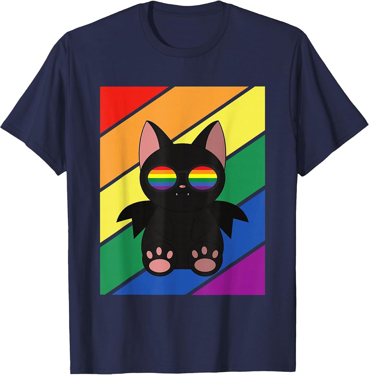 LGBTQ Flag Gay Pride Month Rainbow Bat with LGBT Glasses T-Shirt - Navy Blue