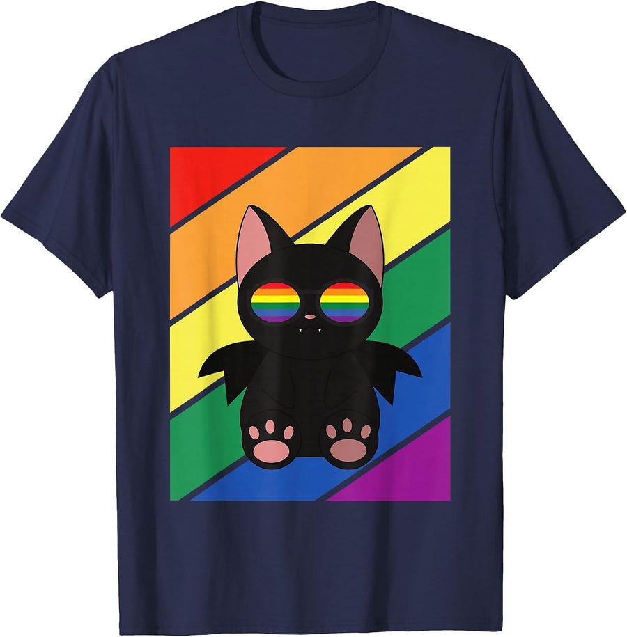 LGBTQ Flag Gay Pride Month Rainbow Bat with LGBT Glasses T-Shirt - Navy Blue