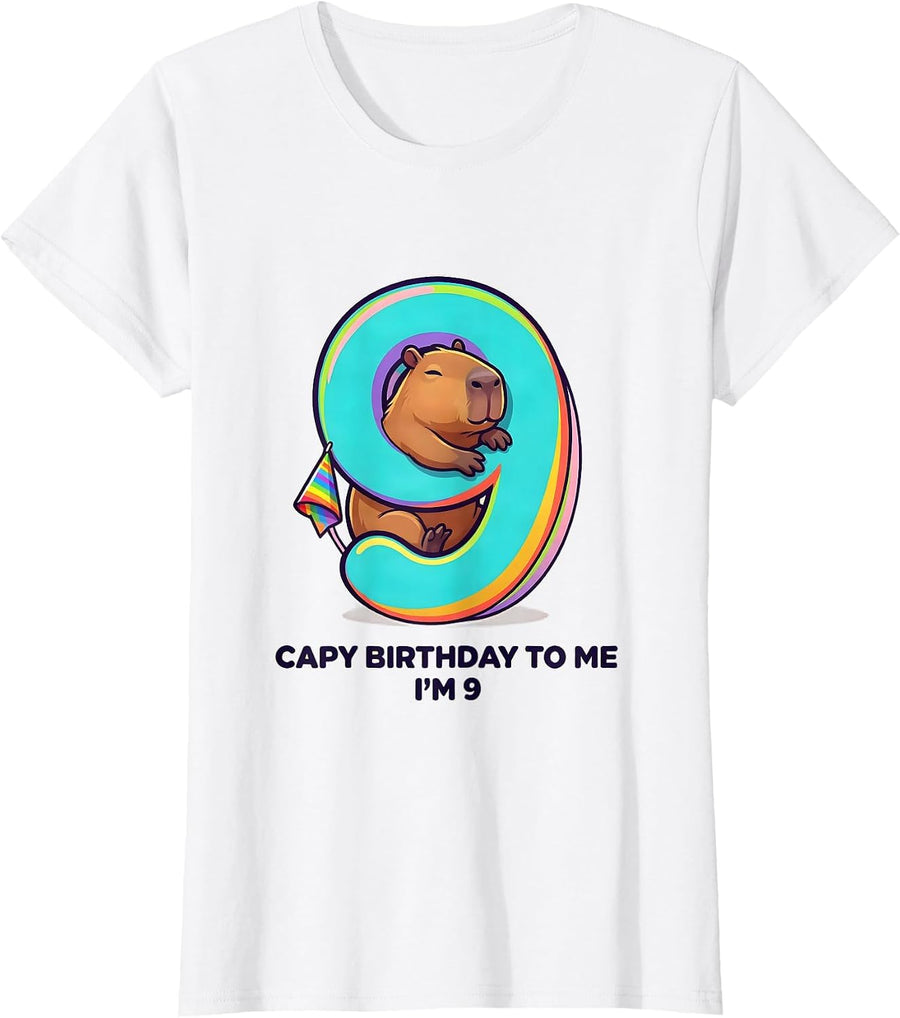 Women's Capy Birthday To Me I'm 9 Funny Kids Age 9 Birthday Capybara T-Shirt - White