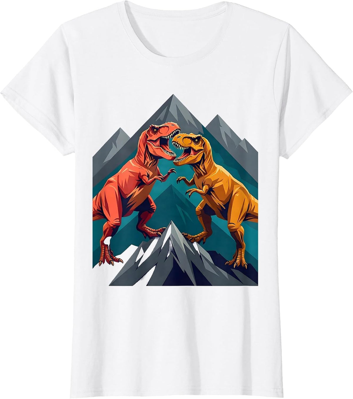 Women's T-Rex Battle on the Mountain Ridge Dinosaur T-Shirt - White