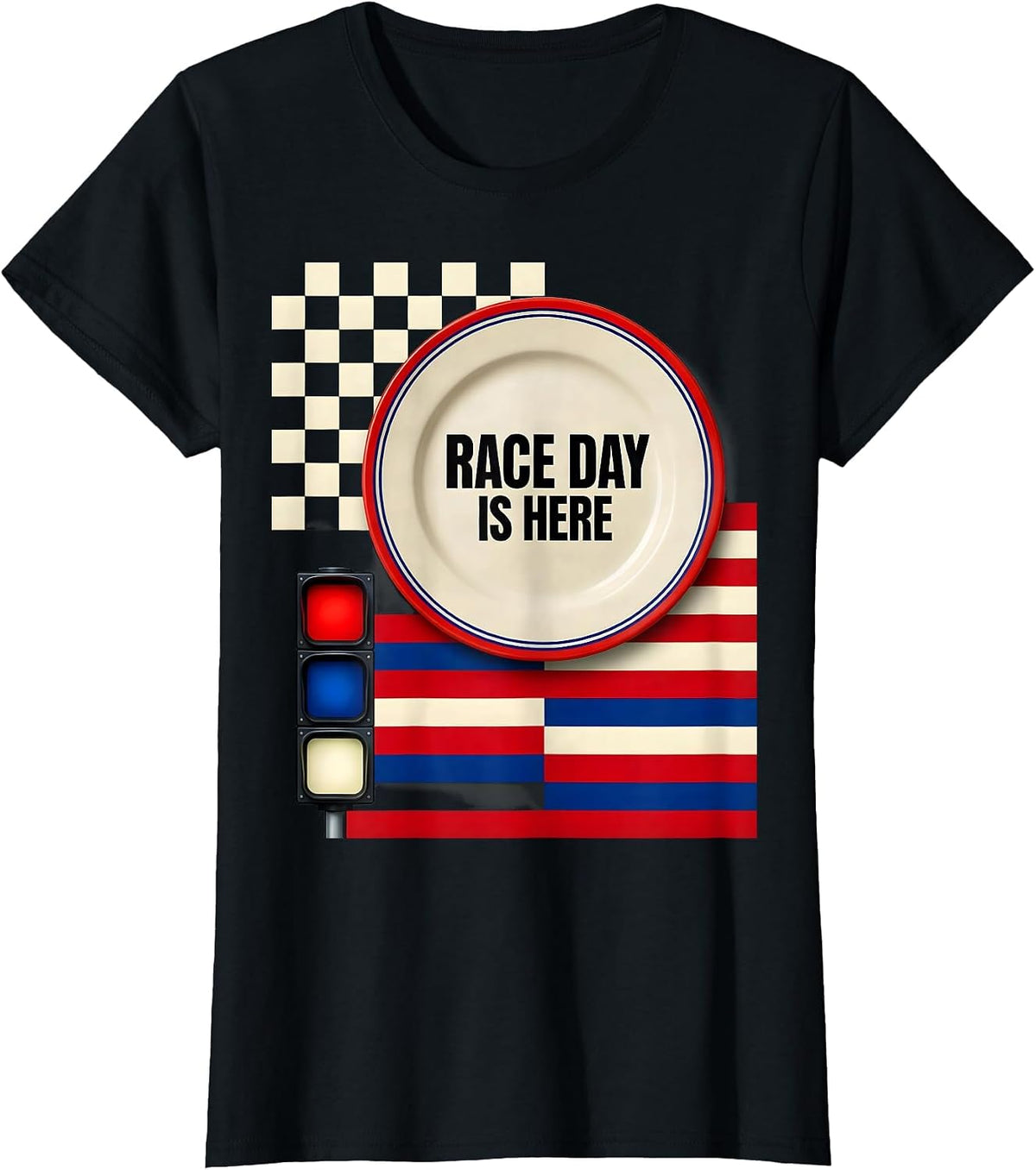 Race Day Is Here Patriotic Drag Racing Checkered Flag T-Shirt - Black