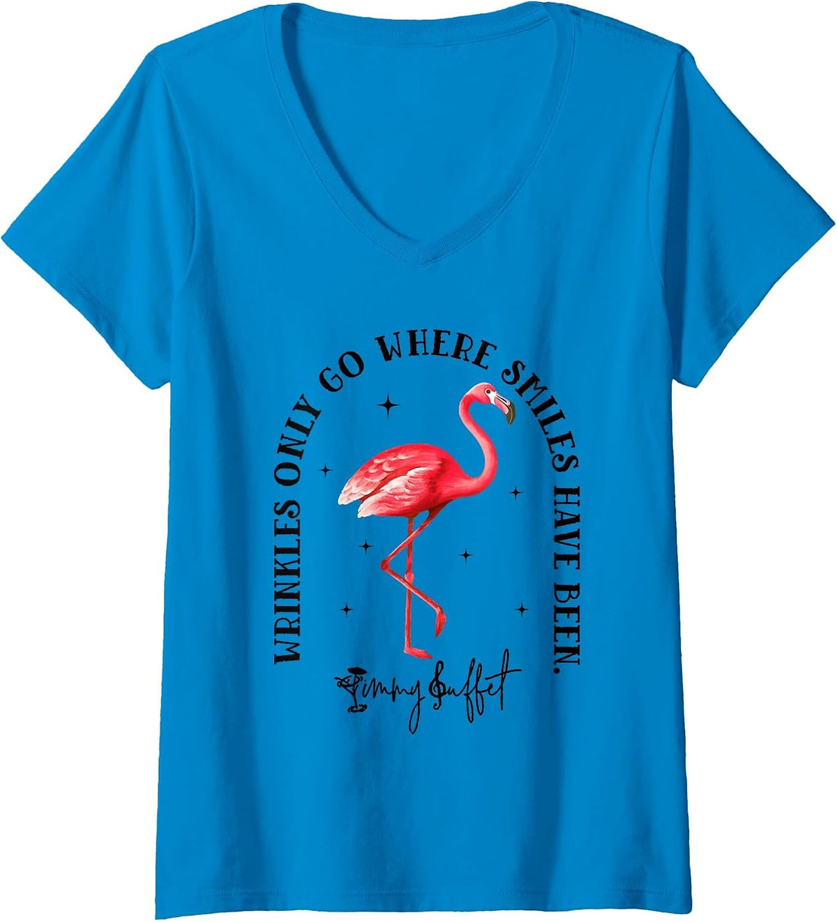 Women's Wrinkles Only Go Where Smiles Have Been Flamingo V-Neck T-Shirt - Sapphire Blue