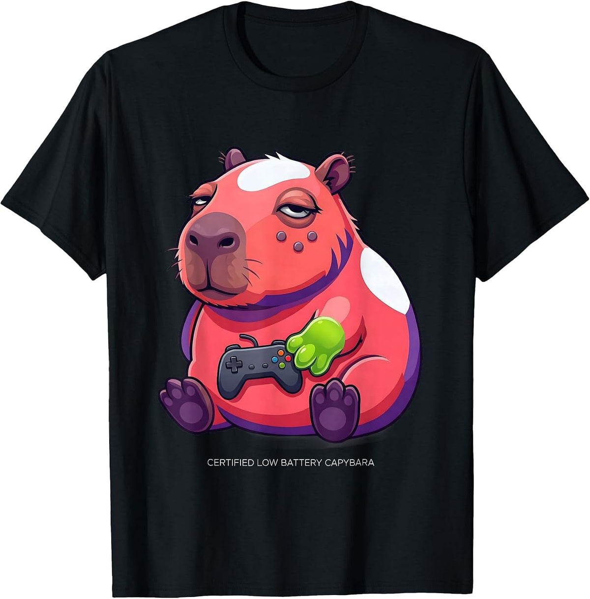 Men's Certified Low Battery Capybara Funny Gamer Meme Humor T-Shirt - Black