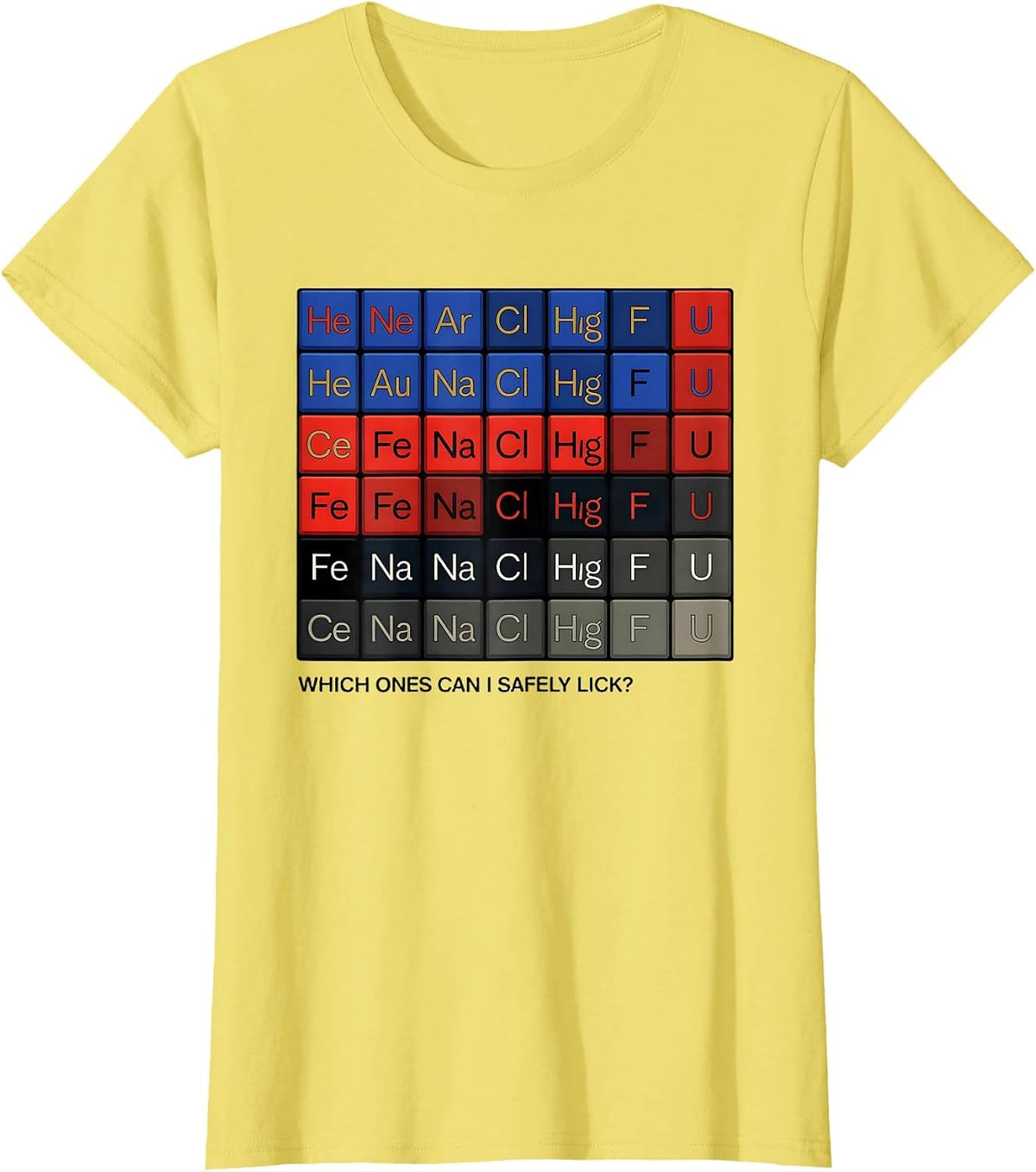 Women's Which Ones Can I Safely Lick Funny Periodic Table Science T-Shirt - Lemon Yellow