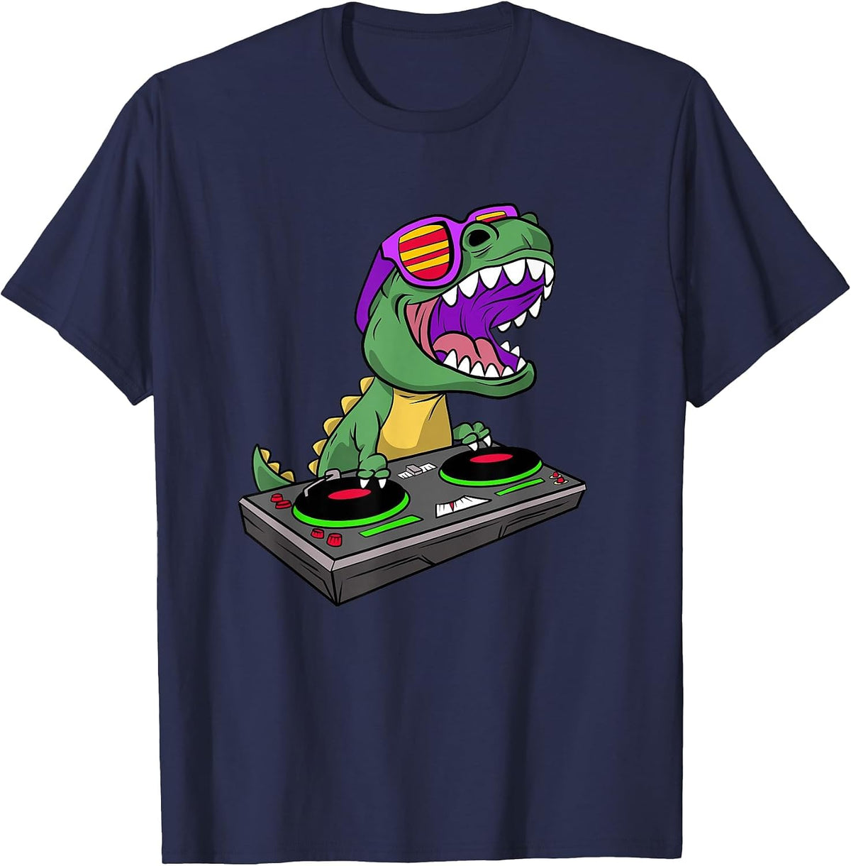 T-Rex DJ Party Club Disc Jockey Dinosaur Dino EDM Dance Club T-Shirt - Navy Blue