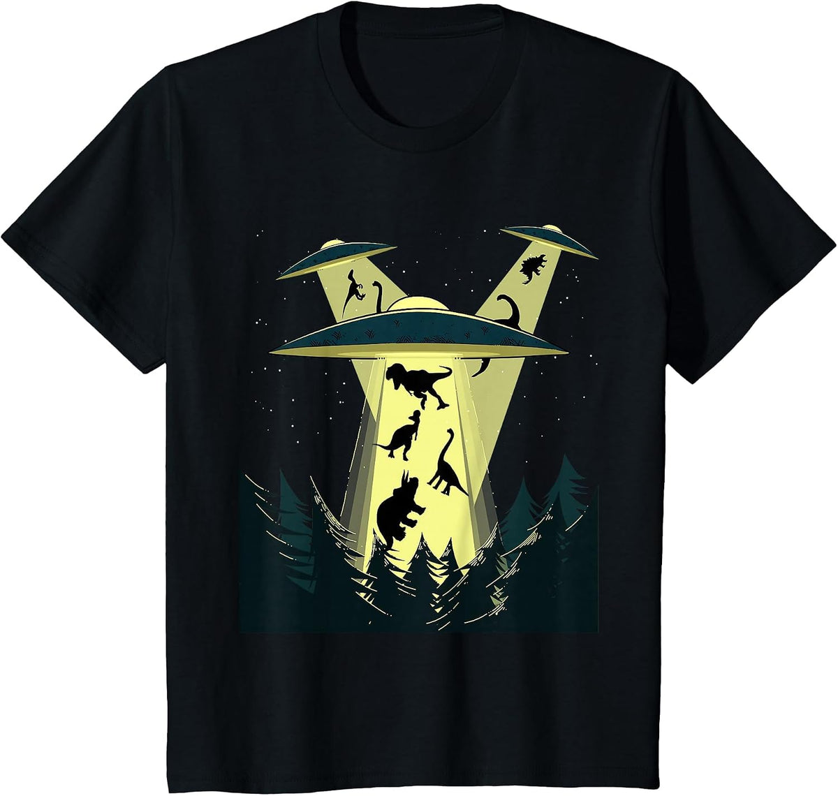 Alien Abduction Spaceship Dinosaurs Funny Vintage UFO Alien T-Shirt - Black