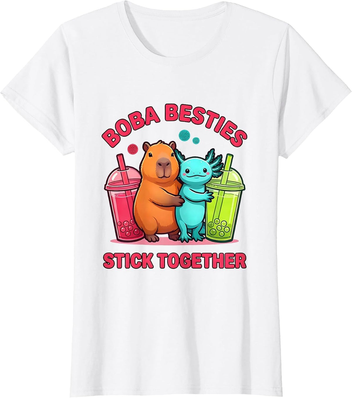 Women's Boba Besties Stick Together Cute Capybara Axolotl Kawaii T-Shirt - White