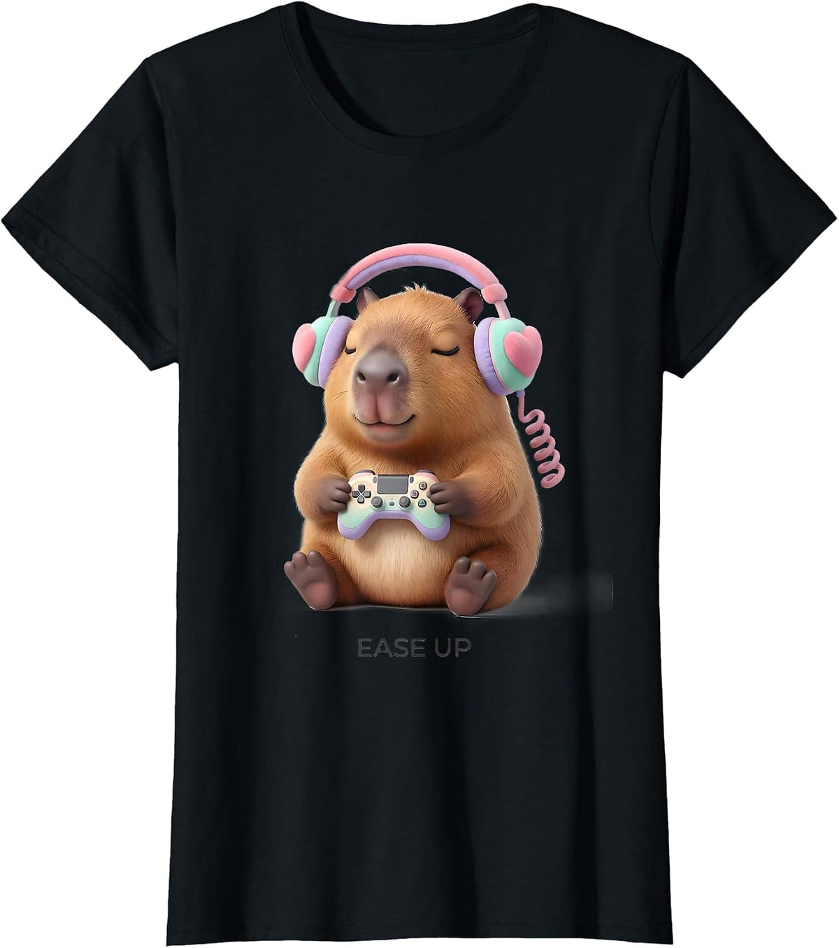Women's Ease Up Cute Kawaii Capybara Gamer Meme Humor T-Shirt - Black