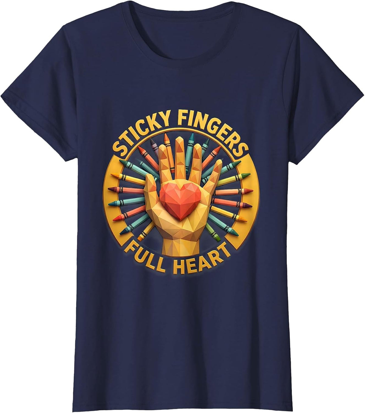 Women's Sticky Fingers Full Heart Preschool Teacher Design T-Shirt - Navy Blue
