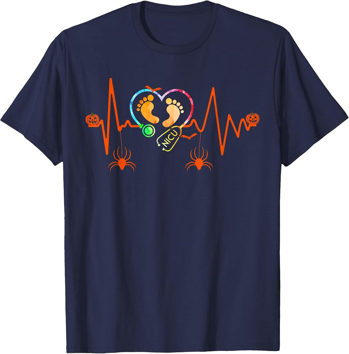 Heartbeat Halloween Nicu Nurse T-Shirt T-Shirt - Navy Blue