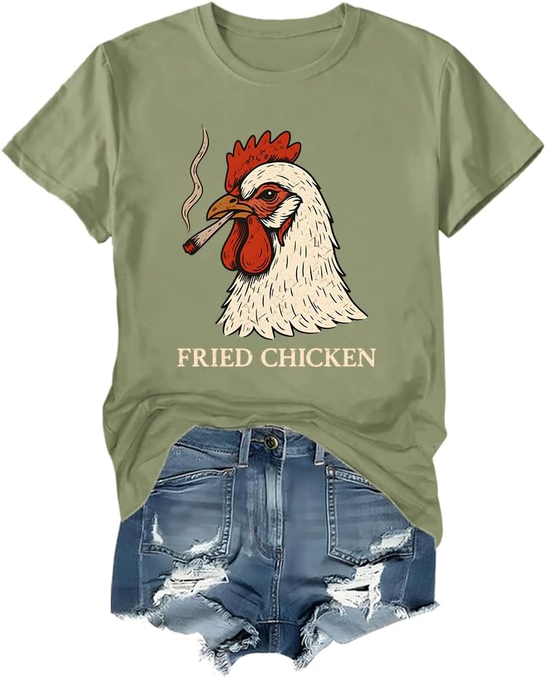 Fried Chicken Shirt Vintage Smoking Chicken Graphic Tee Women Men Tshirt - Crew Neck Crew-green