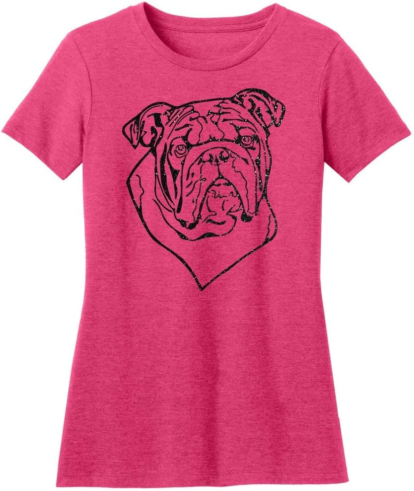 Dogline Womens English Bulldog Lover Glitter Graphic Tee Shirt - Heather Watermelon