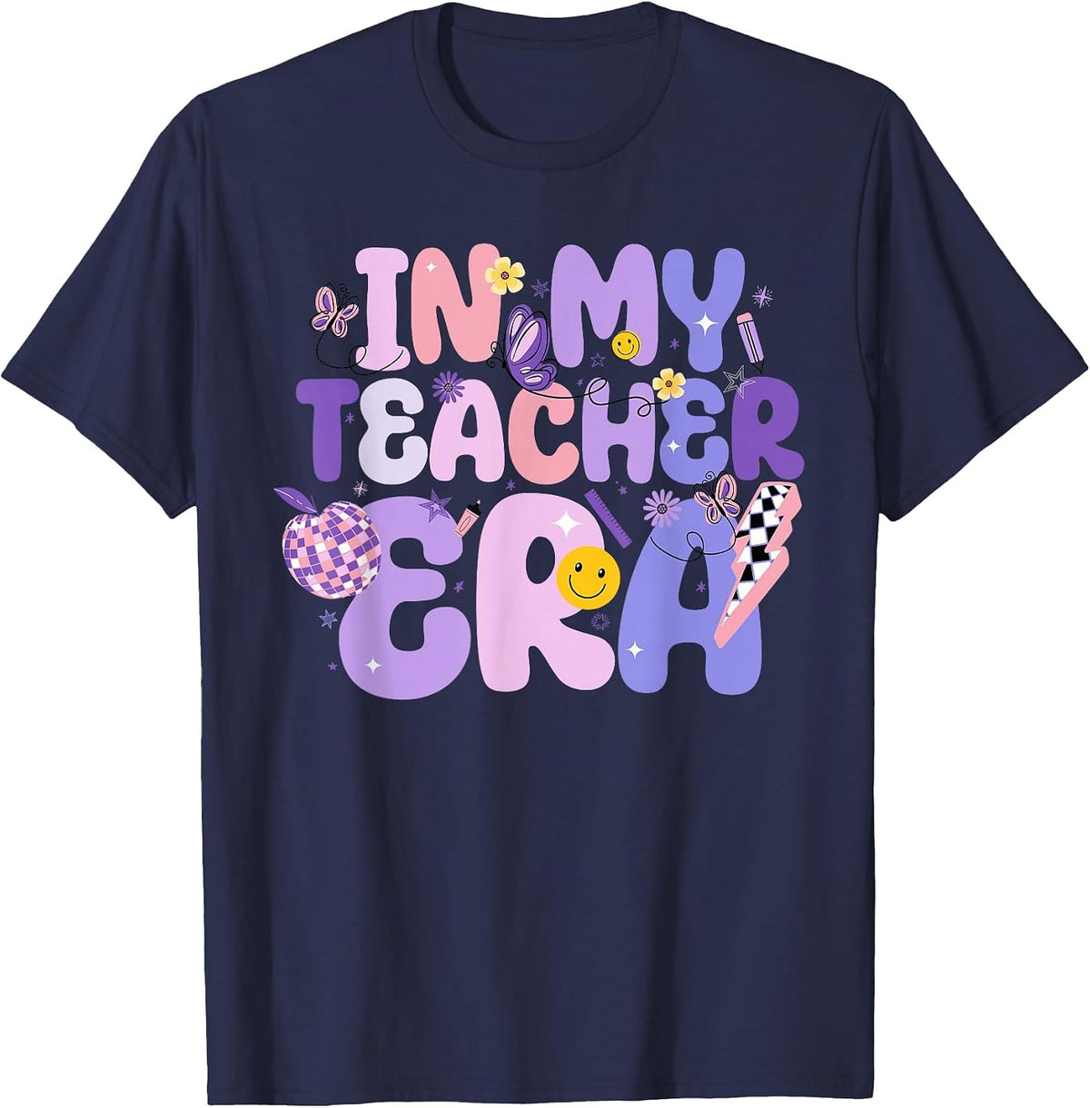 in My Teacher Era First Day of School Retro Funny Teaching T-Shirt - Navy Blue