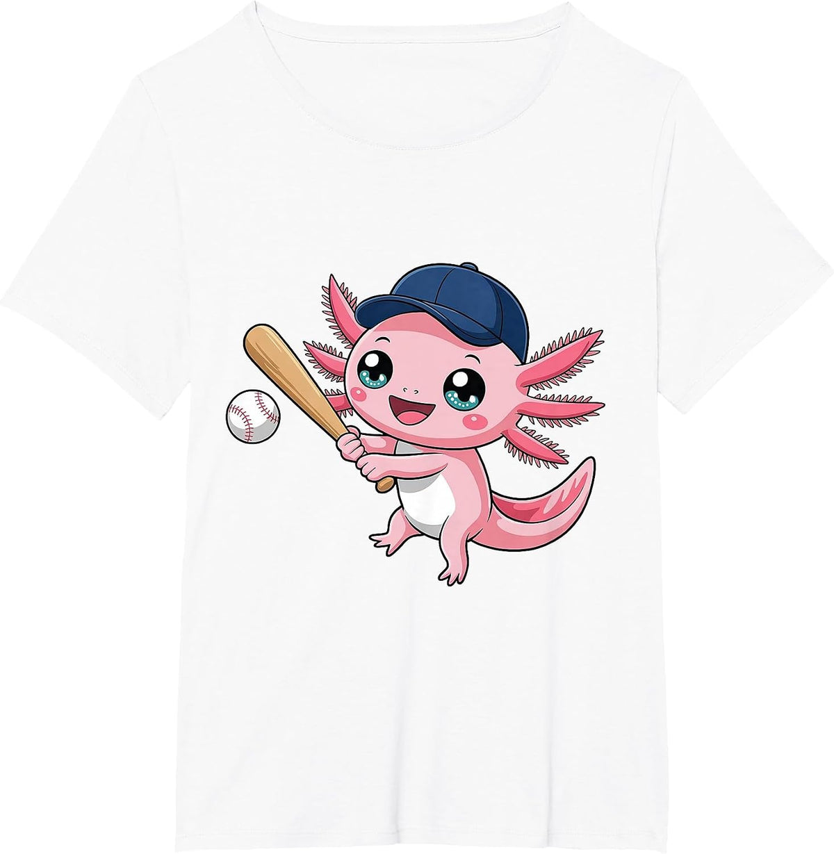 Cute Axolotl Playing Baseball Kid Kawaii Anime Axolotl T-Shirt - White