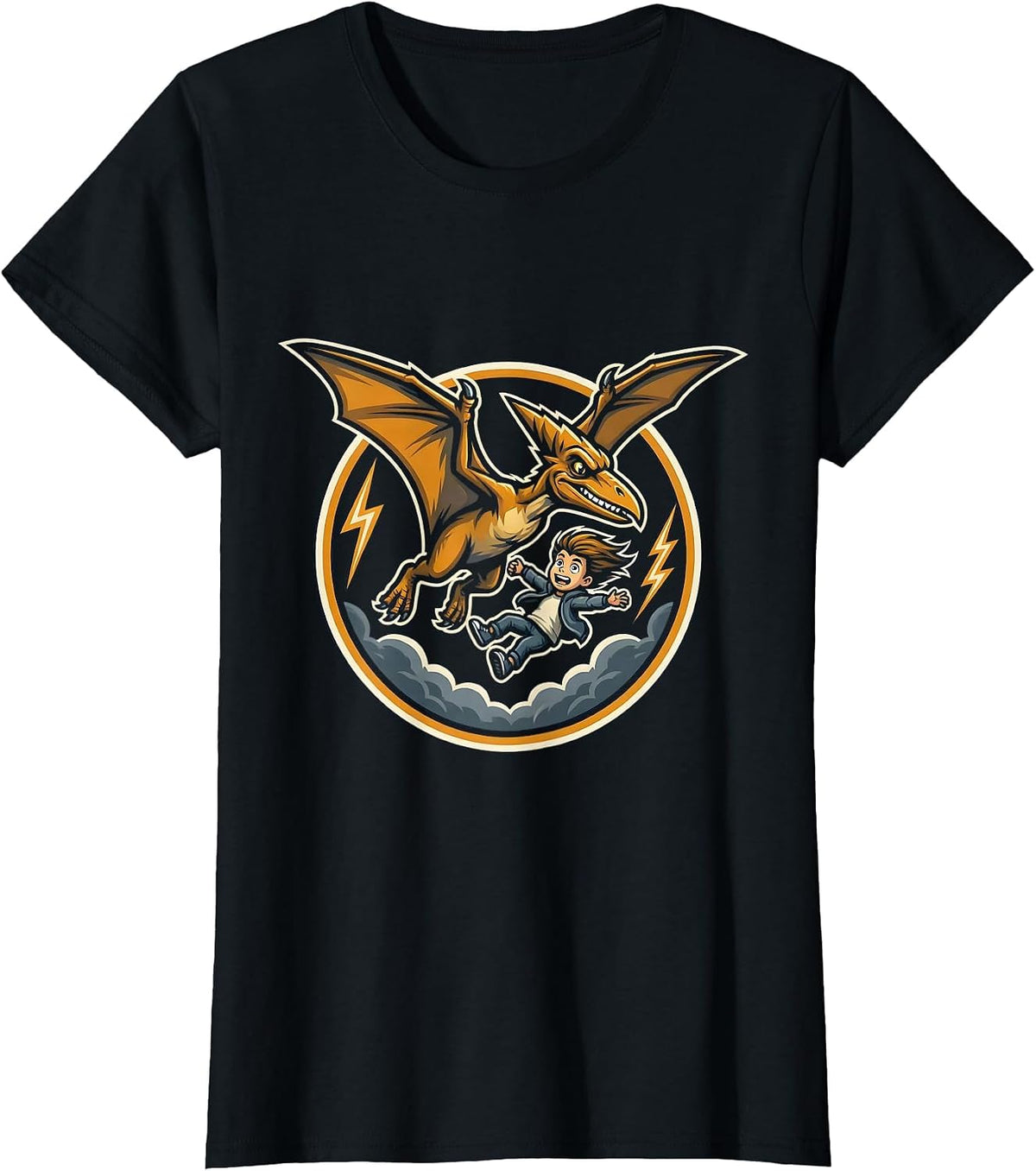 Women's Pterodactyl Adventure Boy Stormy Sky Dinosaur T-Shirt - Black