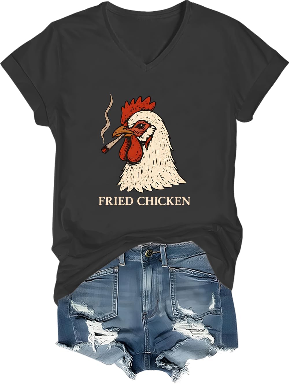 Fried Chicken Shirt Smoking Rooster Fried Chicken Tshirt - V-Neck Black-hn