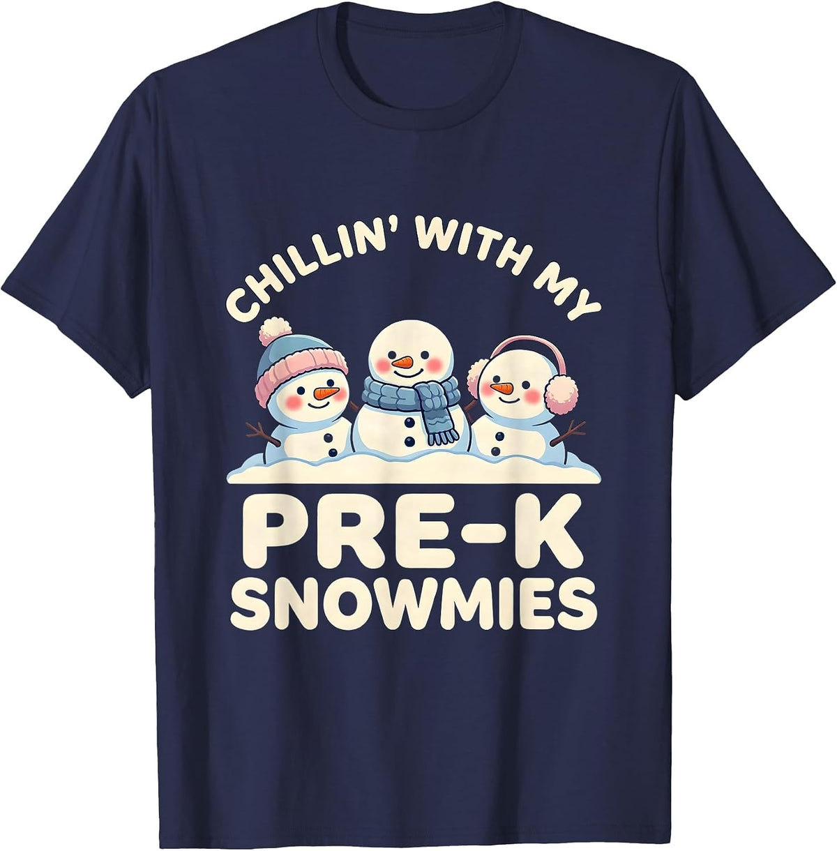 Chillin' With My Pre-K Snowmies Cute Kawaii Teacher T-Shirt - Navy Blue