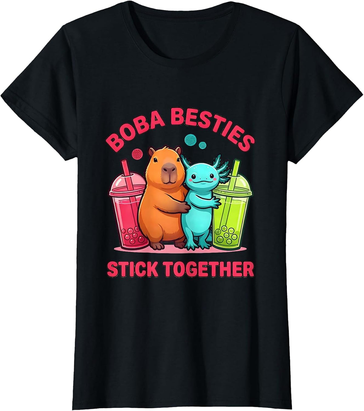 Women's Boba Besties Stick Together Cute Capybara Axolotl Kawaii T-Shirt - Black