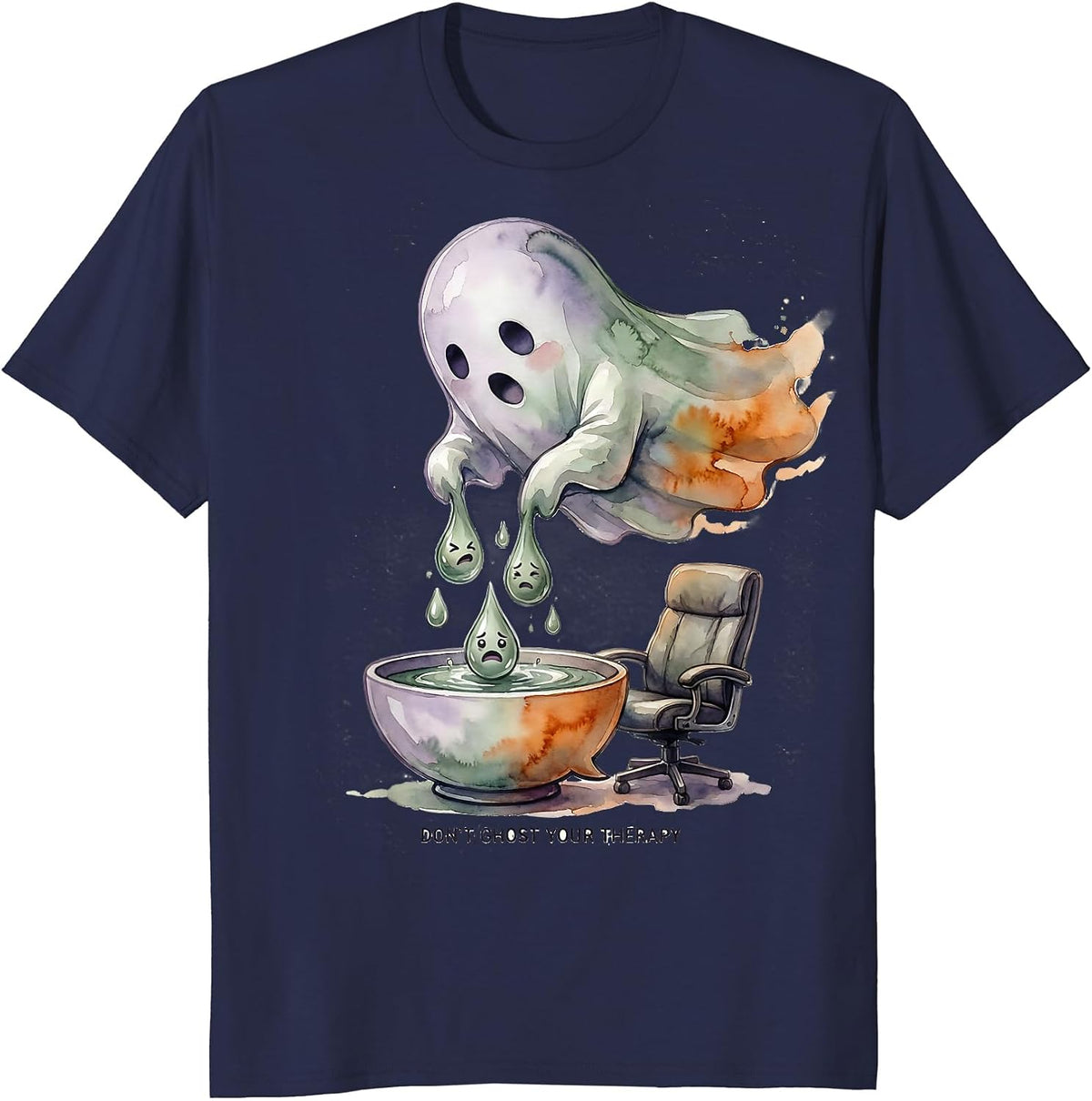 Don't Ghost Your Therapy Watercolor Ghost Mental Health T-Shirt - Navy Blue