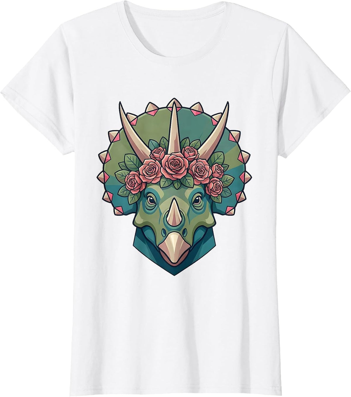 Triceratops Rose Crown Floral Dinosaur Portrait T-Shirt - White