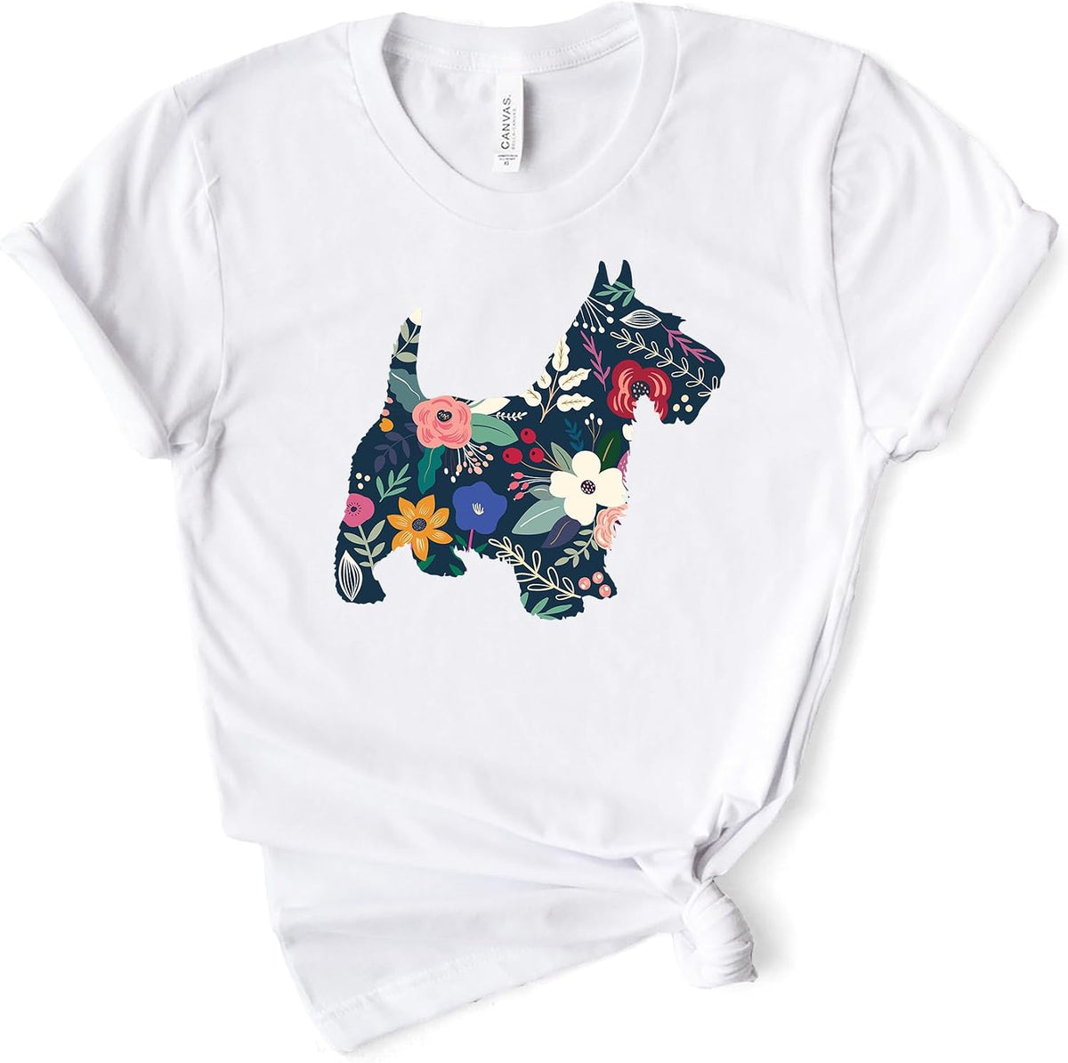 Floral Scottie Dog Shirt, Scottish Terrier Gift Tee, Bella Canvas® Soft-Feel Unisex Tee - White