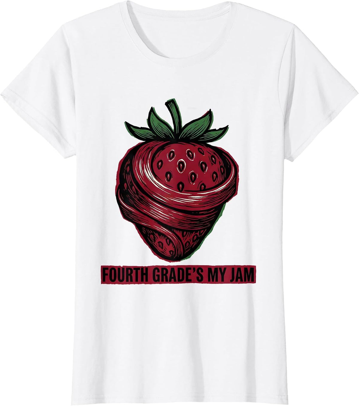 Fourth Grade's My Jam Linocut Strawberry Back to School T-Shirt - White