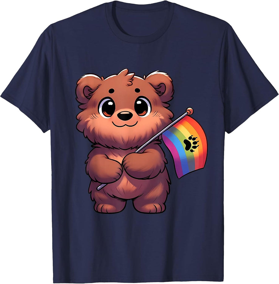 Gay Bear Cub LGBTQ Rainbow Flag Pride Animal T-Shirt - Navy Blue