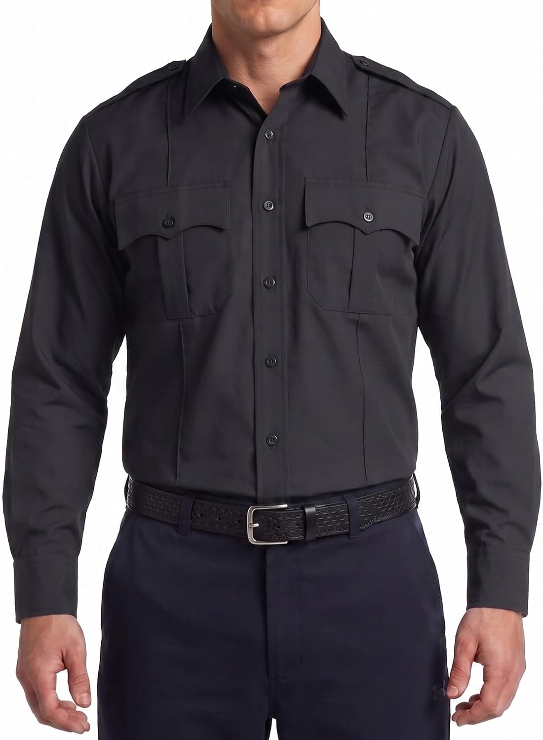 First Class Men's Polycotton Long Sleeve Uniform Shirt - Tactical Work Utility and Safety Security Shirt - Black