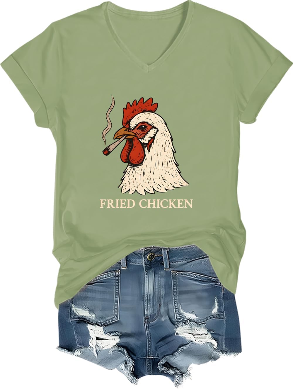 Fried Chicken Shirt Smoking Rooster Fried Chicken Tshirt - V-Neck Olive Green-hn
