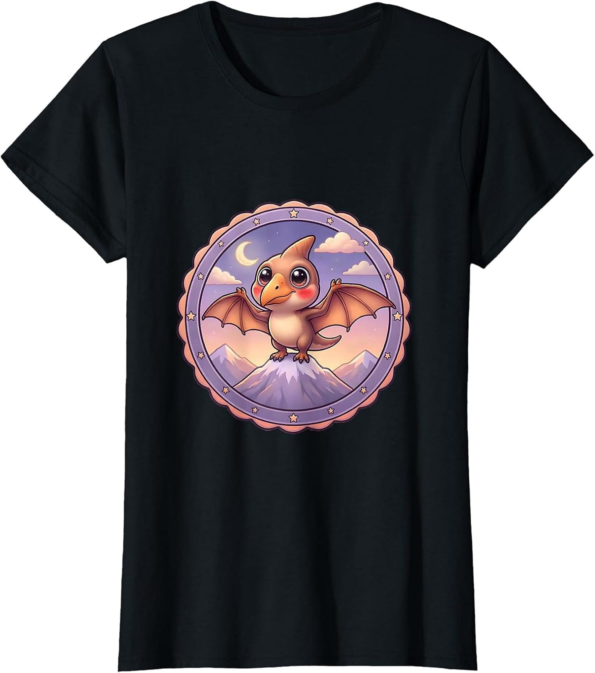 Women's Pterodactyl Mountain Peak Dusk Dinosaur Design T-Shirt - Black