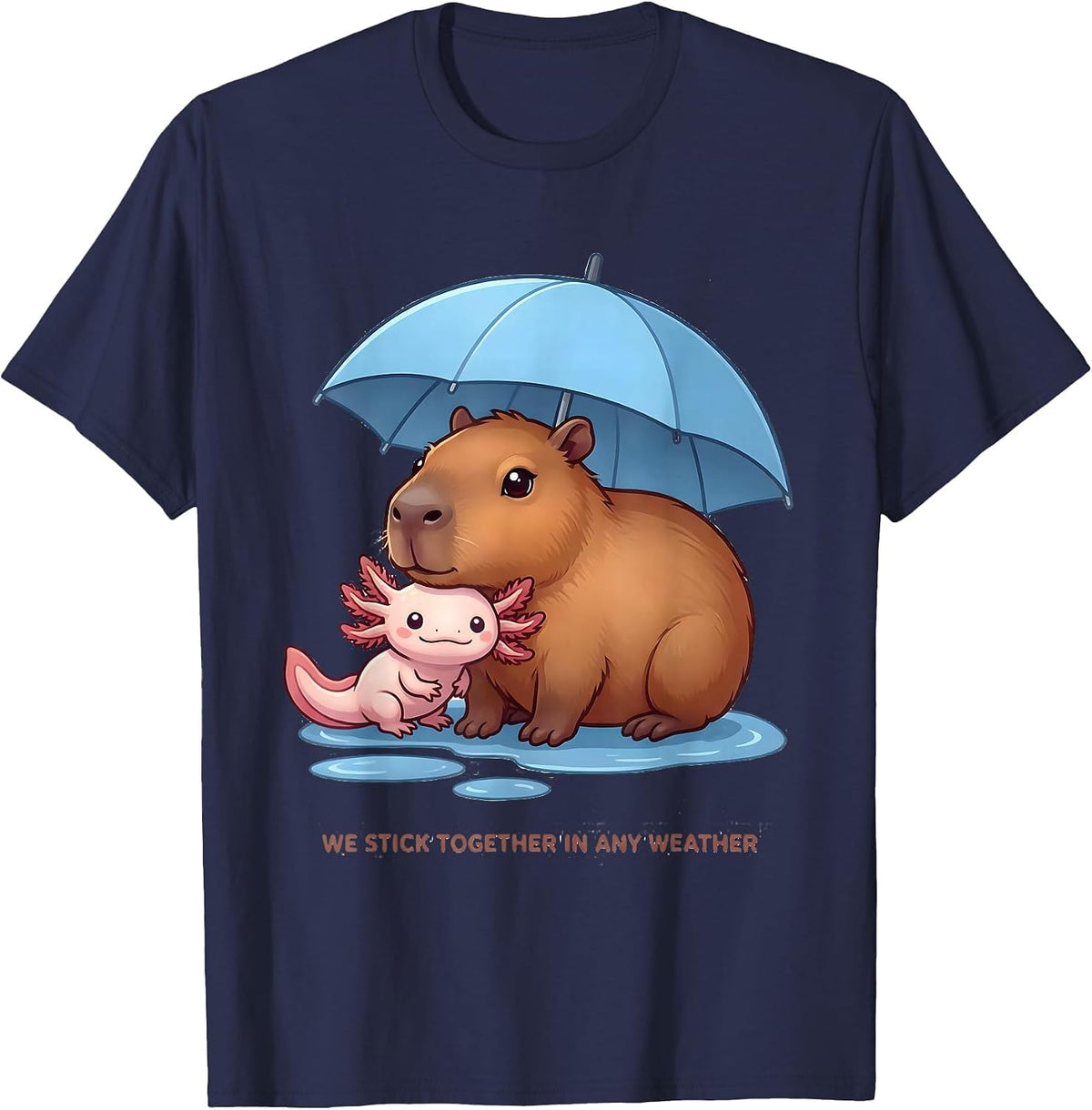 We Stick Together In Any Weather Cute Kawaii Capybara T-Shirt - Navy Blue