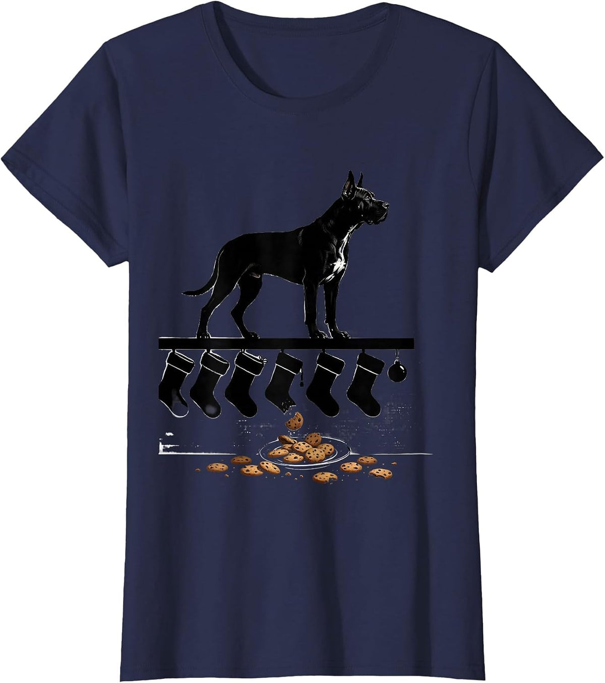 Women's Great Dane Christmas Stockings Guarding Dog Lover Holiday T-Shirt - Navy Blue