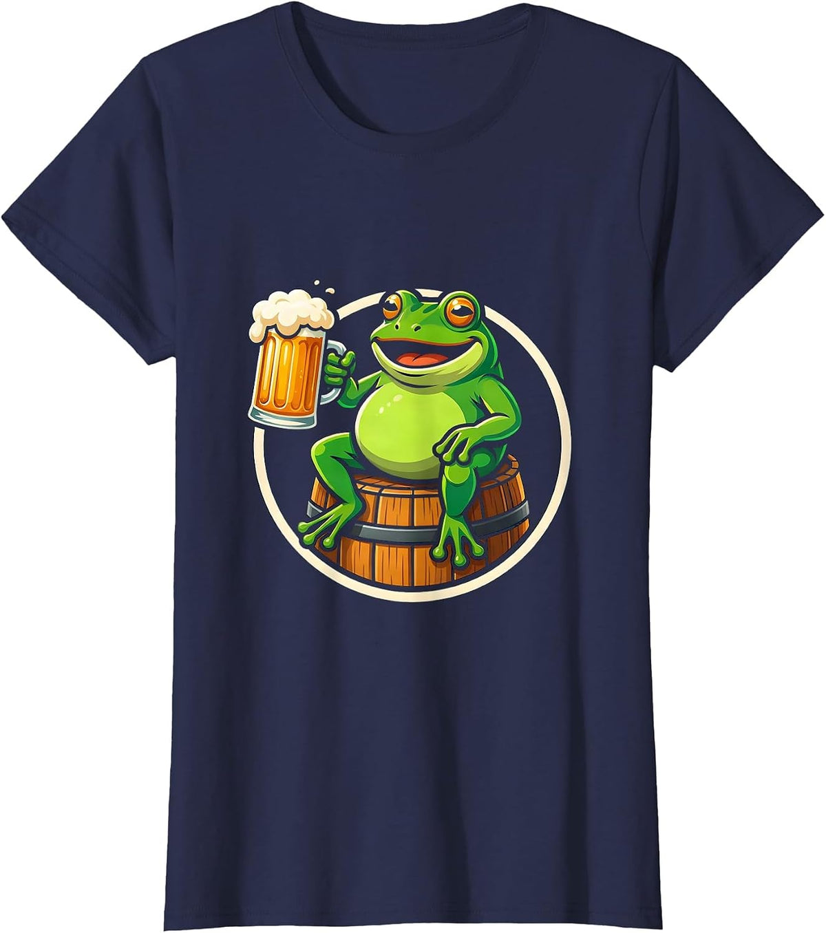 Women's Frog on a Barrel Beer Drinking Illustration T-Shirt - Navy Blue