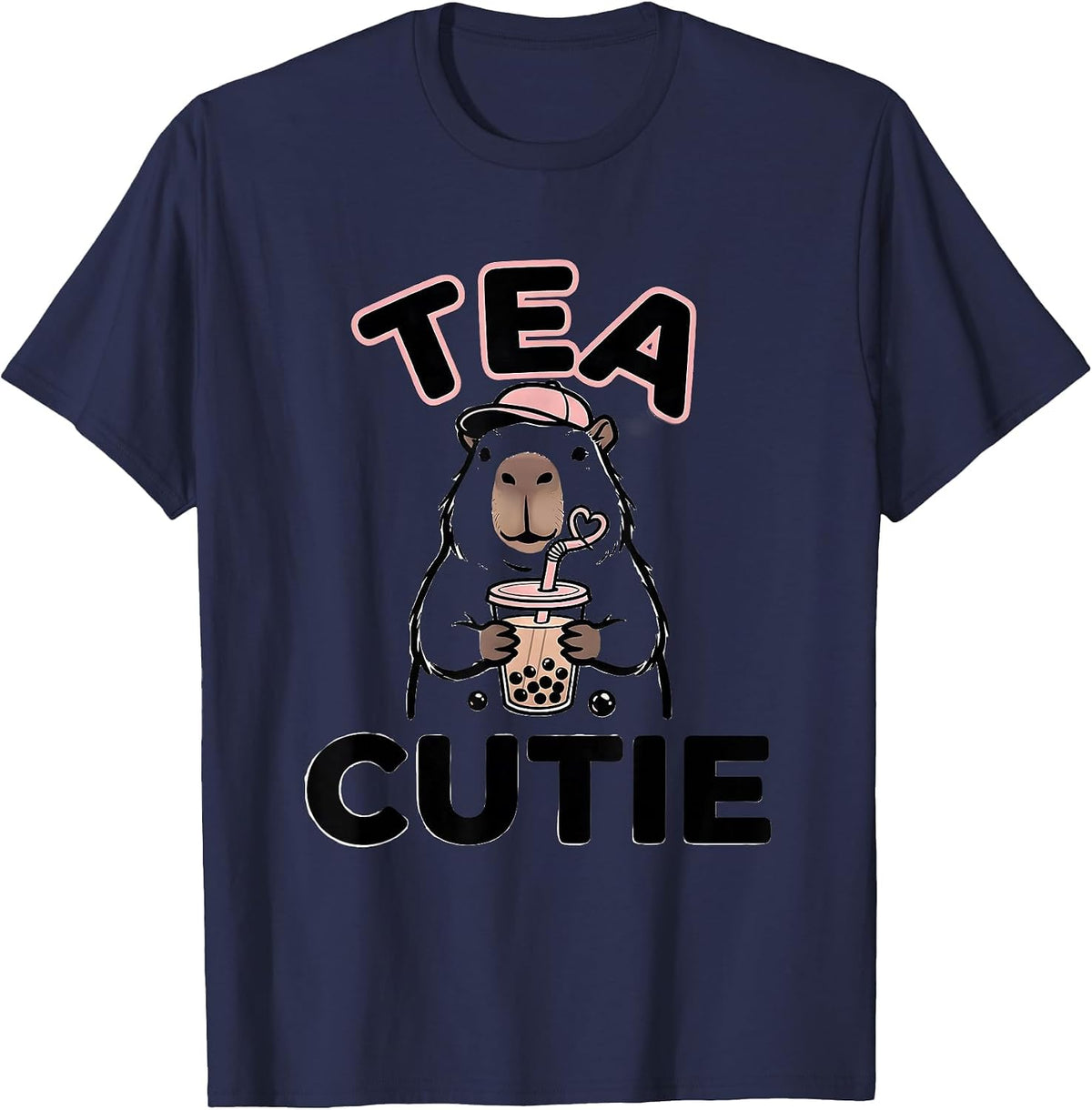 Men's Tea Cutie Minimalist Kawaii Capybara Boba Tea Anime Humor T-Shirt - Navy Blue