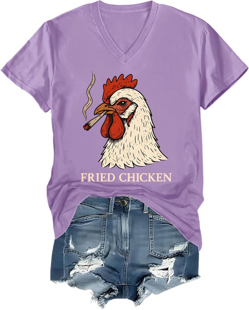 Fried Chicken Shirt Vintage Smoking Chicken Graphic Tee Women Men Tshirt - V-Neck Vneck-light Purple