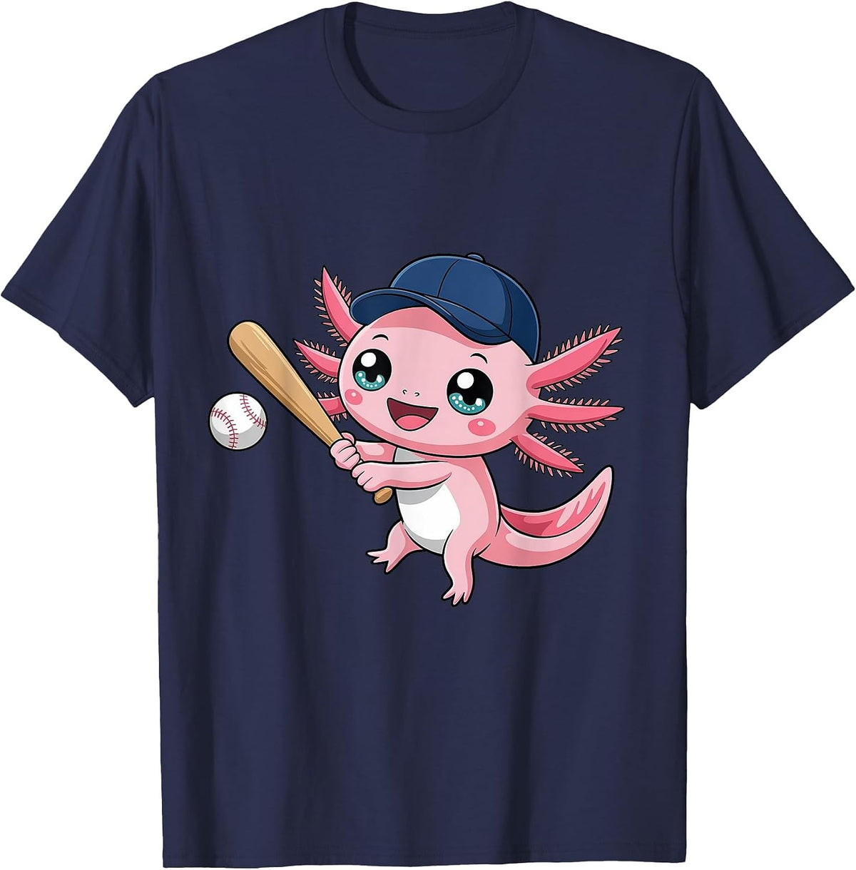 Cute Axolotl Playing Baseball Kid Kawaii Anime Axolotl T-Shirt - Navy Blue