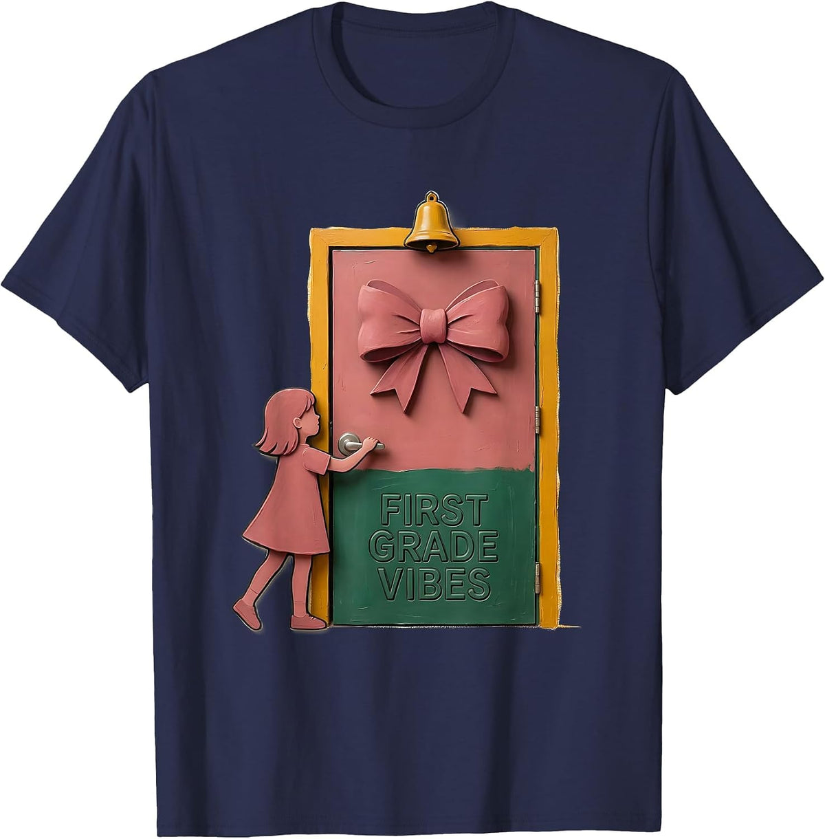 First Grade Vibes Storybook Girl Bow Back to School T-Shirt - Navy Blue
