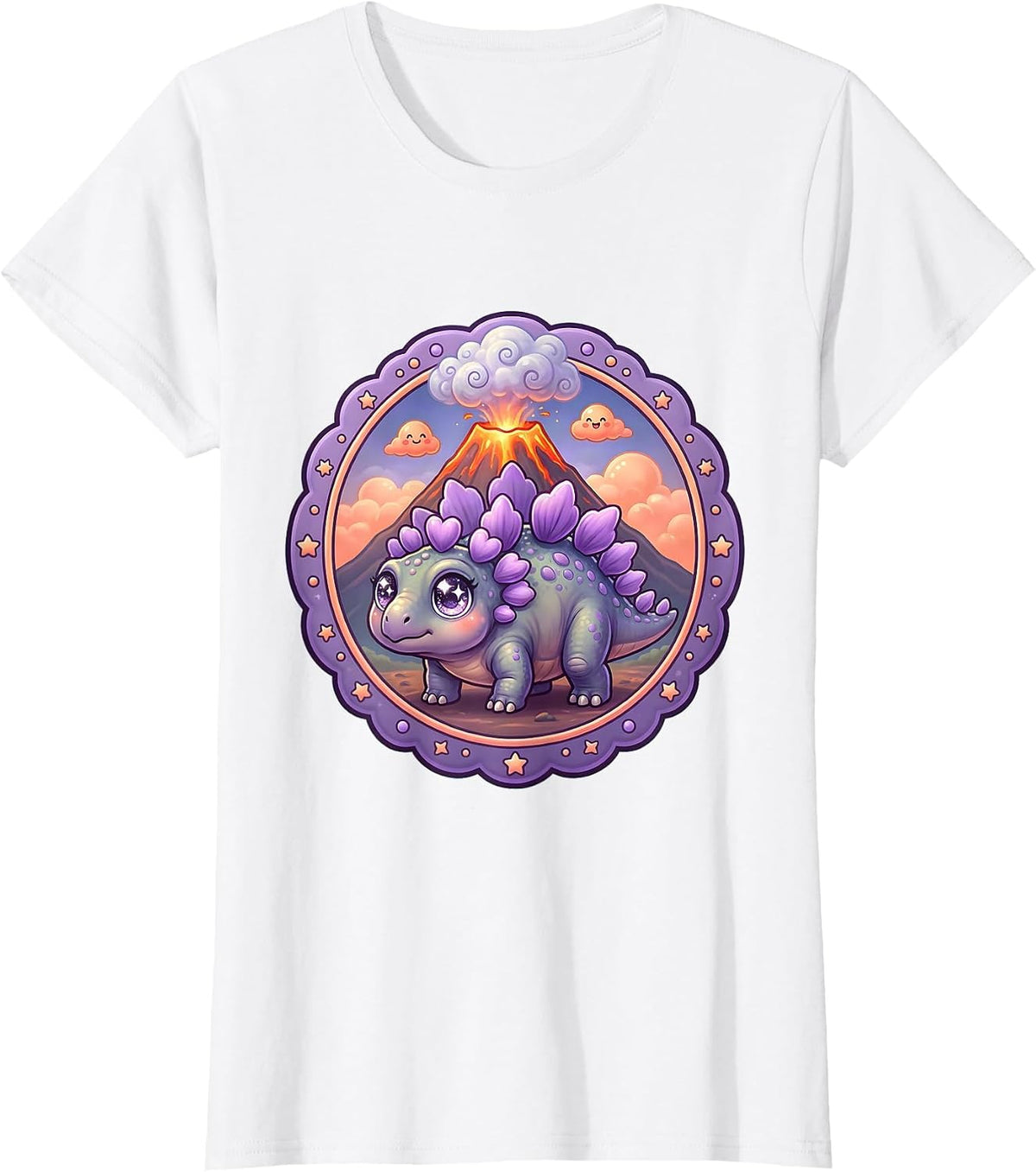 Stegosaurus Silhouette Volcano Eruption Dinosaur T-Shirt - White
