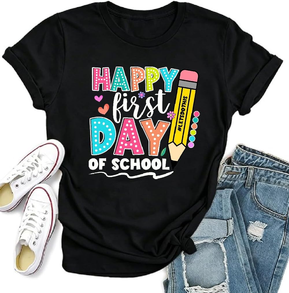 First Day of School Shirt Teacher Life Shirt Back to School Graphic Tshirt Casual Tee Tops - Black