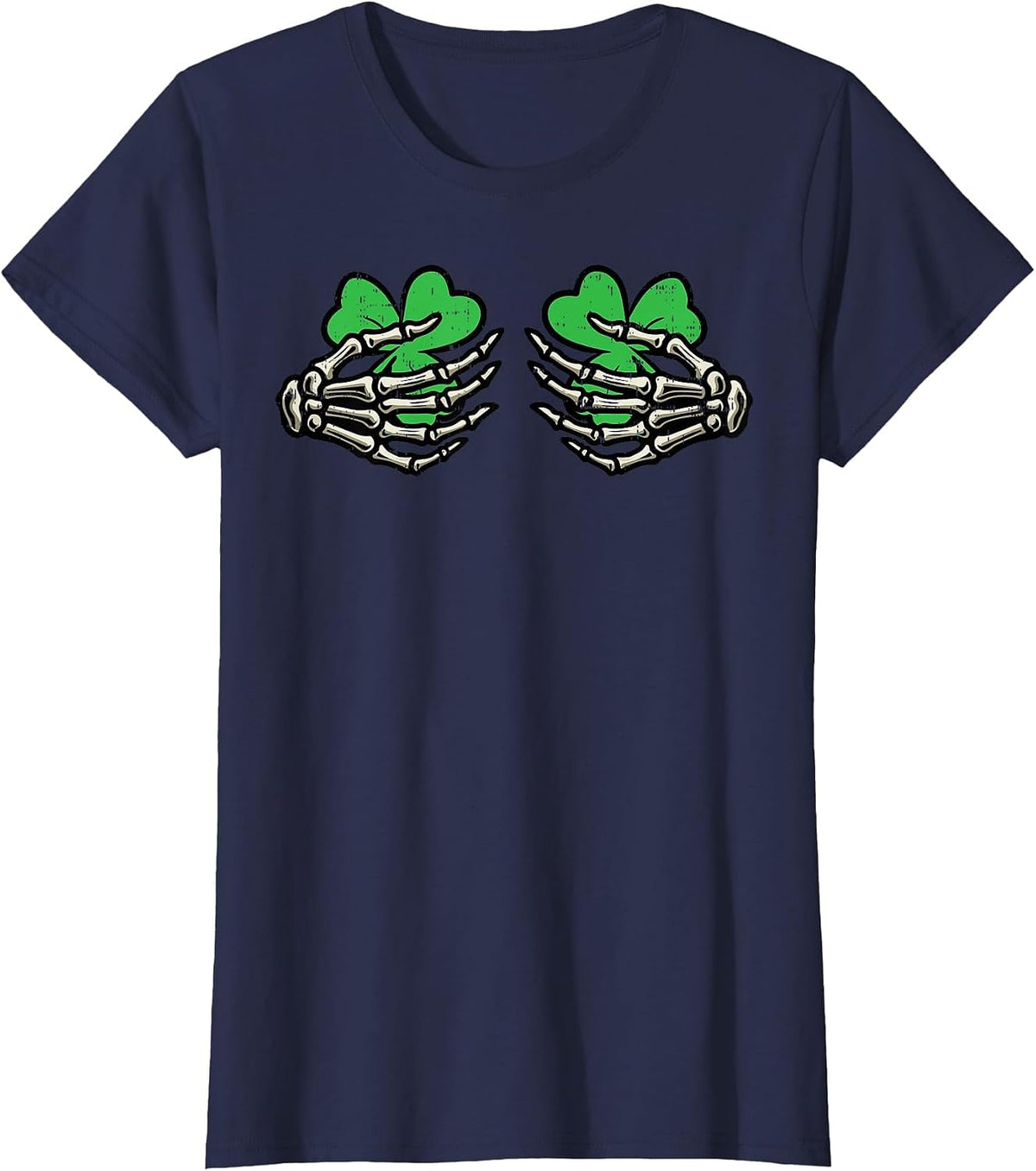 St Patricks Skeleton Hand Clover Chest Saint Pattys Women T-Shirt - Navy Blue
