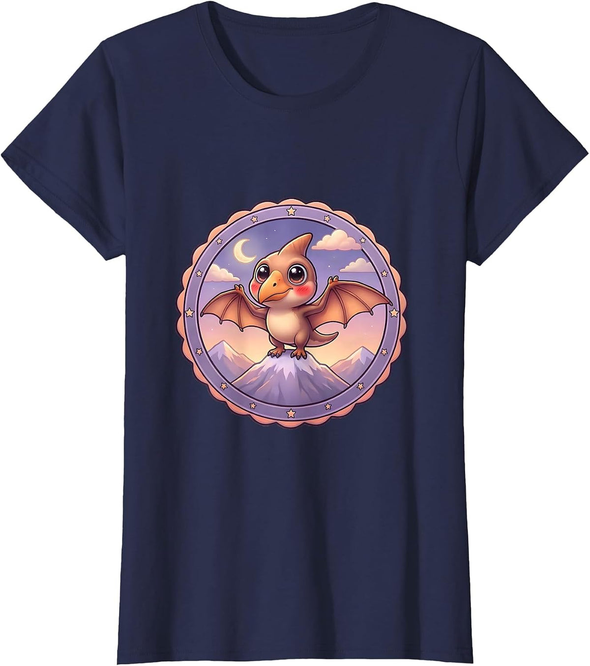 Women's Pterodactyl Mountain Peak Dusk Dinosaur Design T-Shirt - Navy Blue