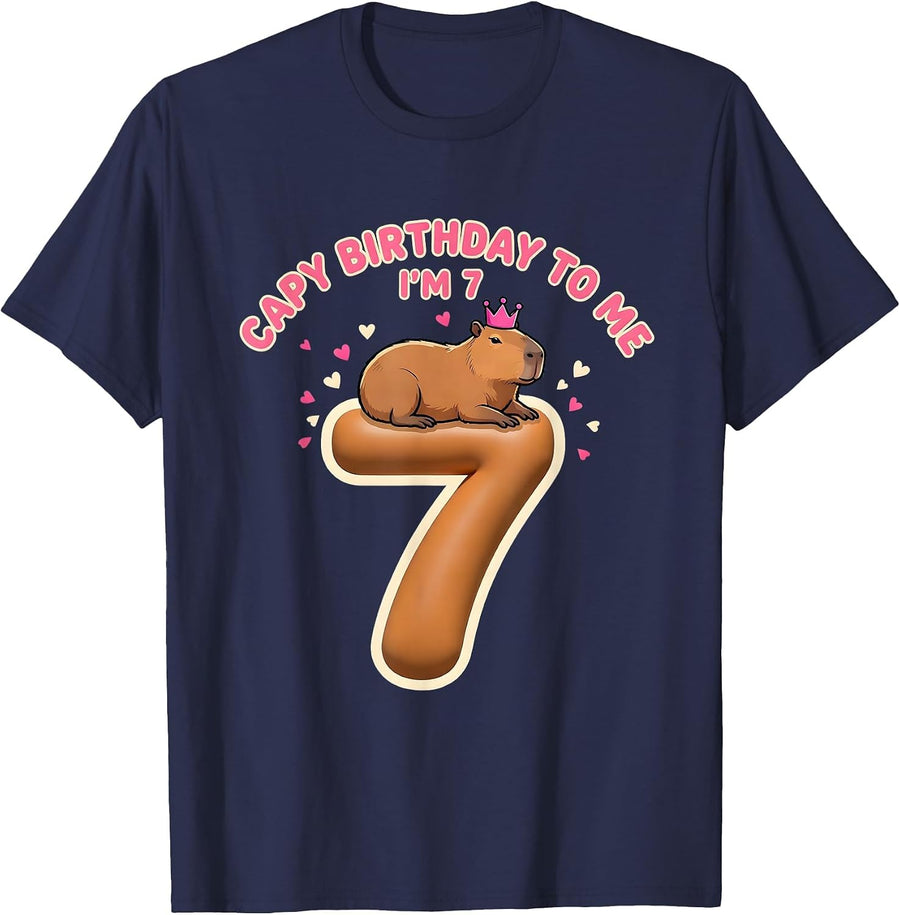 Capy Birthday To Me I'm 7 Kids 7th Birthday Capybara T-Shirt - Navy Blue