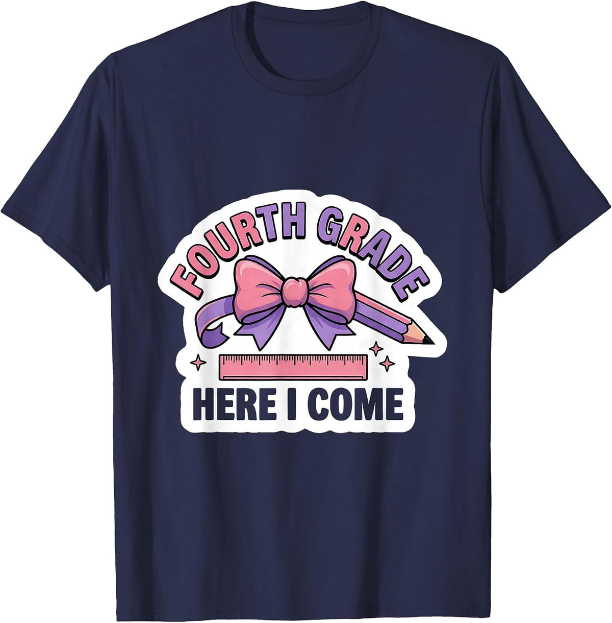 Fourth Grade Here I Come Coquette Bow Back to School Girls T-Shirt - Navy Blue
