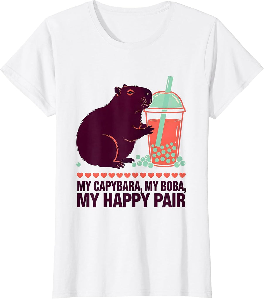 Women's My Capybara My Boba My Happy Pair Cute Kawaii Anime Animal T-Shirt - White