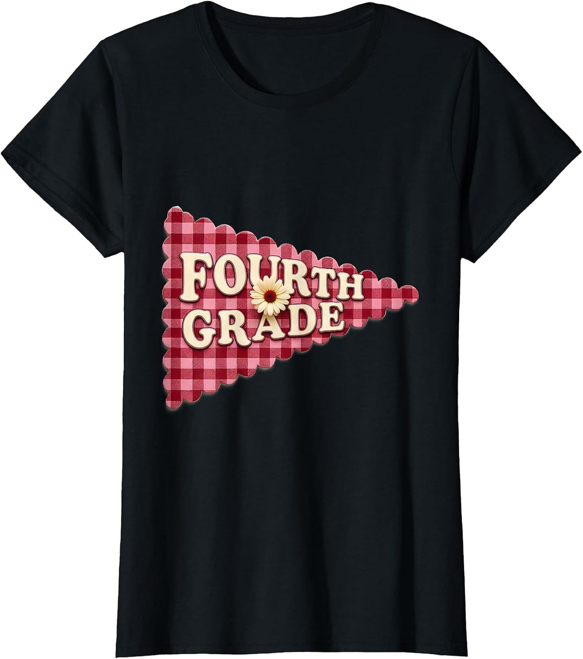 Fourth Grade Pink Gingham Retro Back To School Teacher Girl T-Shirt - Black